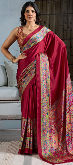 Red and Maroon color Saree in Satin Silk fabric with Printed work