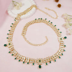 Gold Rodium Polish Green color Waist Chain in Metal Alloy studded with Artificial