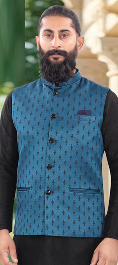 Blue color Nehru Jacket in Silk fabric with Weaving work