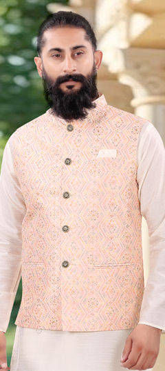 Pink and Majenta color Nehru Jacket in Silk fabric with Weaving work