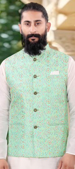 Green color Nehru Jacket in Silk fabric with Weaving work