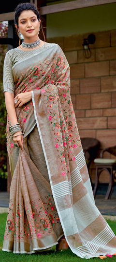 Beige and Brown color Saree in Linen fabric with Embroidered, Resham, Thread work