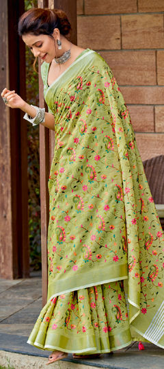 Green, Yellow color Saree in Linen fabric with Embroidered, Resham, Thread work
