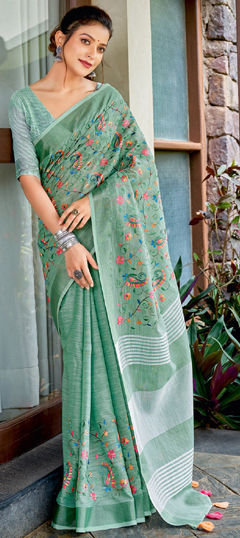 Green color Saree in Linen fabric with Embroidered, Resham, Thread work