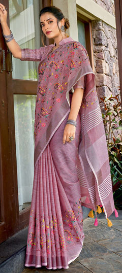 Purple and Violet color Saree in Linen fabric with Embroidered, Resham, Thread work