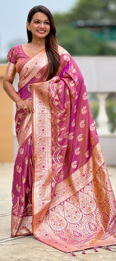 Purple and Violet color Saree in Banarasi Silk fabric with Weaving work