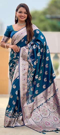 Blue color Saree in Banarasi Silk fabric with Weaving work