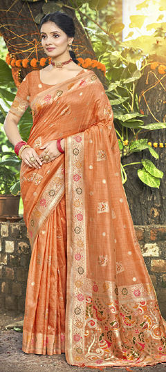 Orange color Saree in Art Silk fabric with Weaving work