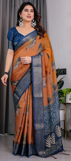 Beige and Brown color Saree in Linen fabric with Printed, Weaving work