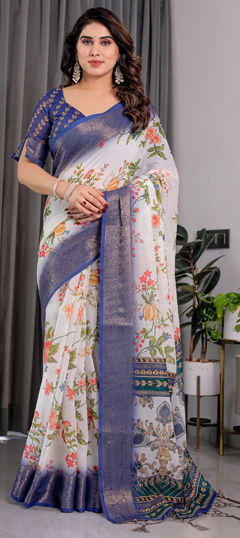 White and Off White color Saree in Linen fabric with Printed, Weaving work