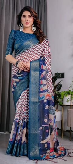 Multicolor color Saree in Linen fabric with Printed, Weaving work
