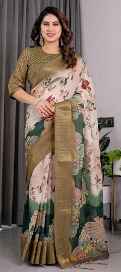 Beige and Brown, Green color Saree in Linen fabric with Printed, Weaving work