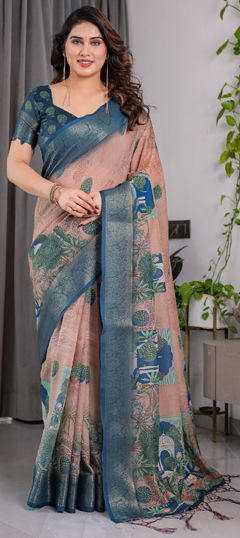 Blue, Pink and Majenta color Saree in Linen fabric with Printed, Weaving work
