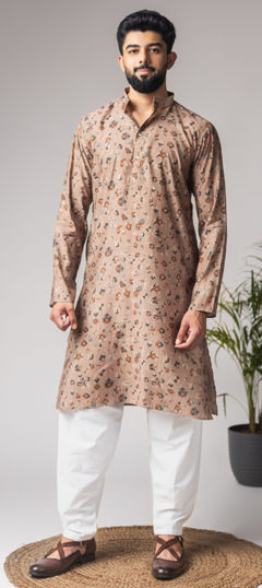 Beige and Brown color Kurta Pyjamas in Art Silk fabric with Printed work