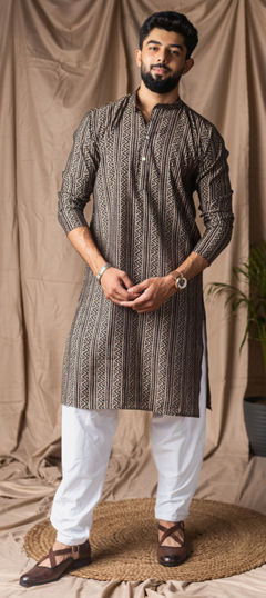 Black and Grey color Kurta Pyjamas in Art Silk fabric with Printed work