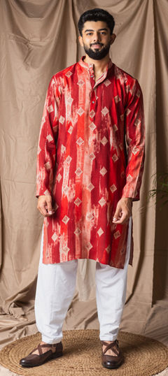 Red and Maroon color Kurta Pyjamas in Art Silk fabric with Printed work