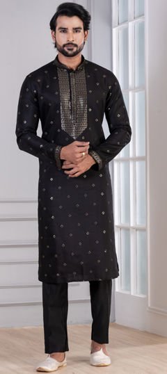 Black and Grey color Kurta Pyjamas in Cotton fabric with Sequence work