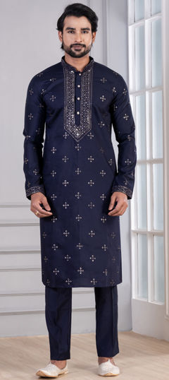 Blue color Kurta Pyjamas in Cotton fabric with Sequence work