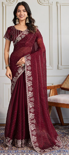 Red and Maroon color Saree in Chiffon fabric with Border, Embroidered, Swarovski work