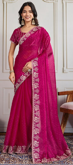 Pink and Majenta color Saree in Chiffon fabric with Border, Embroidered, Swarovski work