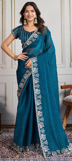 Blue color Saree in Chiffon fabric with Border, Embroidered, Swarovski work