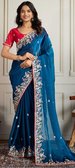 Blue color Saree in Chiffon fabric with Border, Embroidered work
