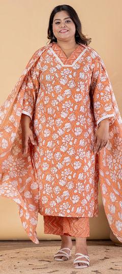 Beige and Brown color Salwar Kameez in Poly cotton fabric with Floral, Lace, Printed work