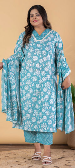 Blue color Salwar Kameez in Poly cotton fabric with Floral, Lace, Printed work