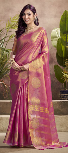 Pink and Majenta color Saree in Tissue fabric with Weaving work