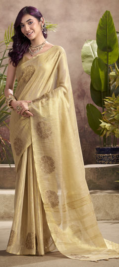 Beige and Brown color Saree in Tissue fabric with Weaving work