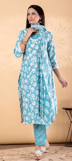 Blue color Salwar Kameez in Poly cotton fabric with Floral, Lace, Printed work