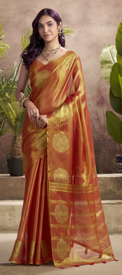 Orange color Saree in Tissue fabric with Weaving work