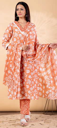 Beige and Brown color Salwar Kameez in Poly cotton fabric with Floral, Lace, Printed work