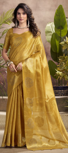 Gold color Saree in Tissue fabric with Weaving work