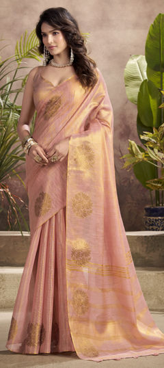 Pink and Majenta color Saree in Tissue fabric with Weaving work