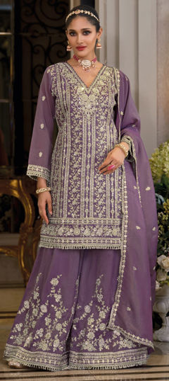Purple and Violet color Salwar Kameez in Shimmer fabric with Embroidered, Sequence, Thread work