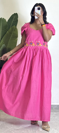 Pink and Majenta color Gown in Cotton, Malmal fabric with Embroidered, Moti work