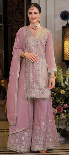 Pink and Majenta color Salwar Kameez in Shimmer fabric with Embroidered, Sequence, Thread work