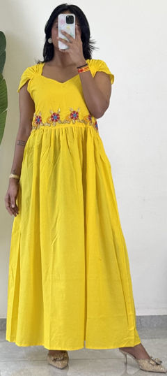 Yellow color Gown in Cotton, Malmal fabric with Embroidered, Moti work