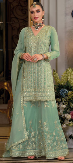 Green color Salwar Kameez in Shimmer fabric with Embroidered, Sequence, Thread work