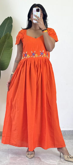 Orange color Gown in Cotton, Malmal fabric with Embroidered, Moti work