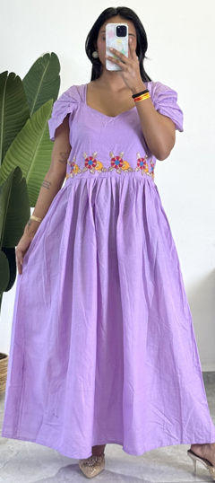 Purple and Violet color Gown in Cotton, Malmal fabric with Embroidered, Moti work