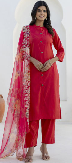 Pink and Majenta color Salwar Kameez in Shimmer fabric with Embroidered, Thread work