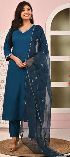 Blue color Salwar Kameez in Rayon, Viscose fabric with Lace work