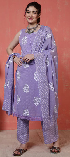 Purple and Violet color Salwar Kameez in Cotton fabric with Floral, Lace, Printed work