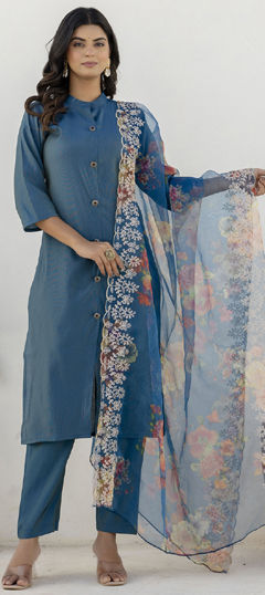 Blue color Salwar Kameez in Shimmer fabric with Embroidered, Thread work
