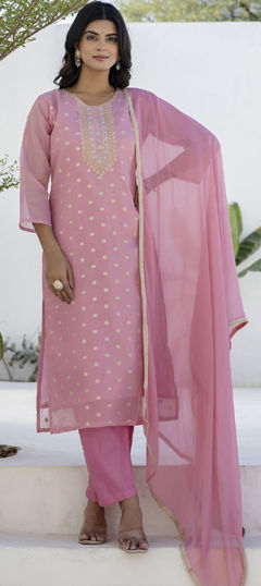 Pink and Majenta color Salwar Kameez in Chanderi Silk fabric with Embroidered, Thread work