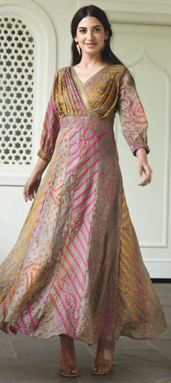 Black and Grey color Dress in Silk fabric with Bandhej, Printed work
