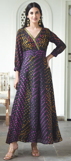Black and Grey color Dress in Silk fabric with Bandhej, Printed work