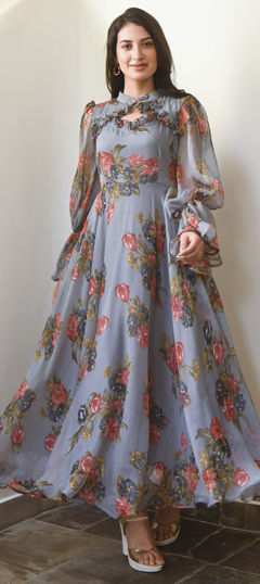 Black and Grey color Dress in Chiffon fabric with Floral, Printed work